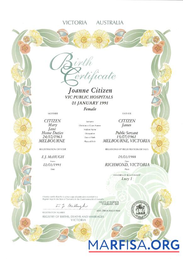 Downloadable Australia Victoria state decorative (commemorative) birth certificate template in PSD